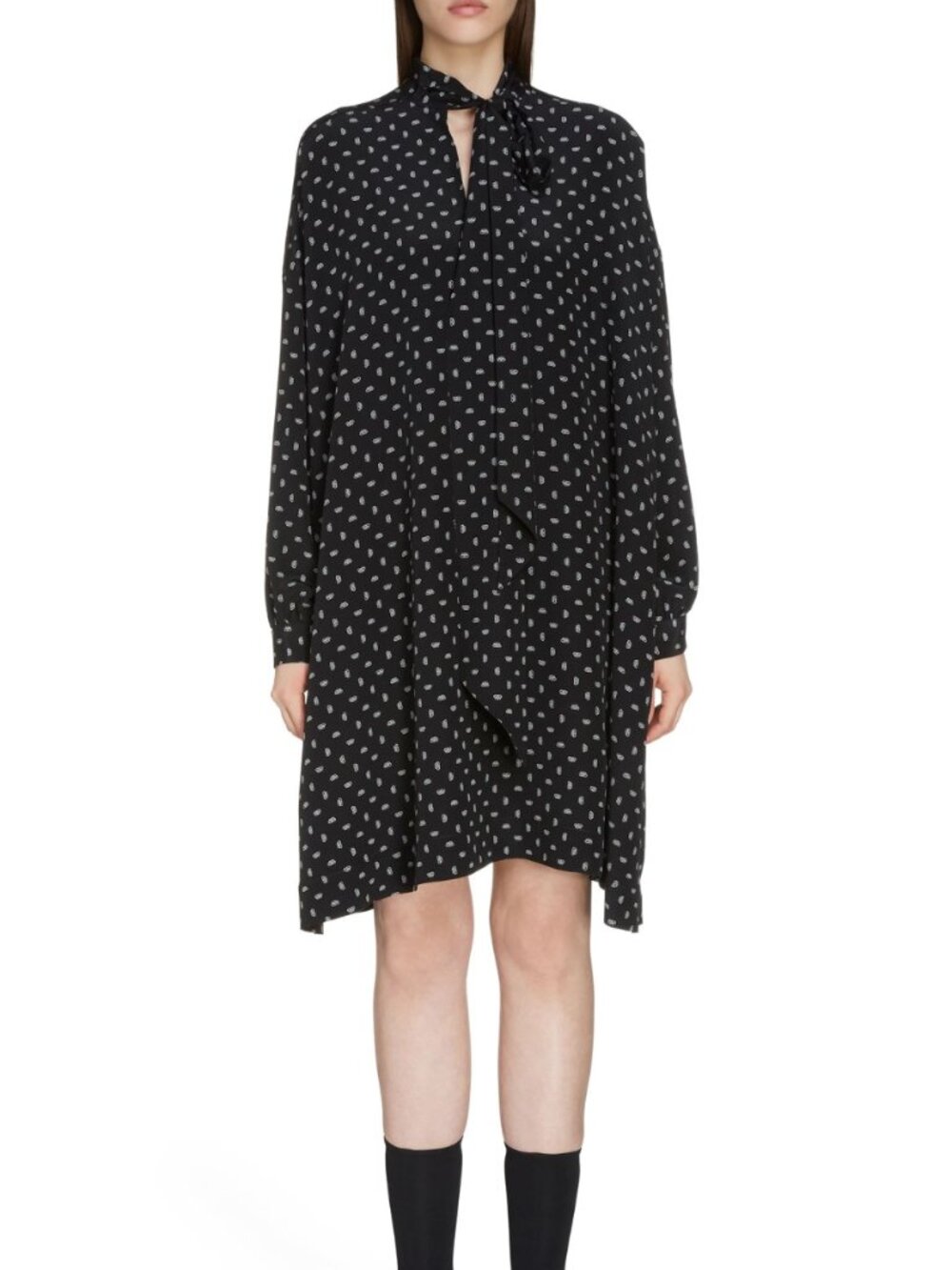 $2350 Balenciaga 2019 Black Logo Tunic Blouse Vareuse Neck Tie Dress size 4/36